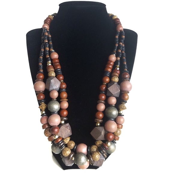 Vintage Jewelry - Vintage Earth Tone Wood Bead Multi-Strand Necklace